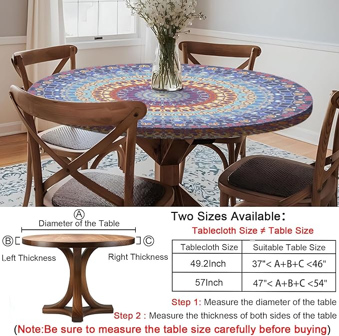 Fitted Round Tablecloth Bohemian Vinyl Patio Table Cloths for 36-44" Tables Camper Travel Vacation Accessories Living Room New HomeHouse Decorations Outdoor Road Trip Must Haves