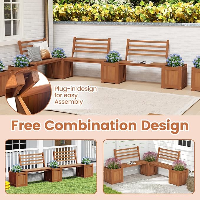 Giantex Set of 2 Outdoor Bench with Backrest, Wood Raised Garden Bed w/Open Base, Weather-Resistant Square Deep Planter Boxes for Flowers Fruit Vegetable, Bench Seat for Porch Yard Balcony Lawn
