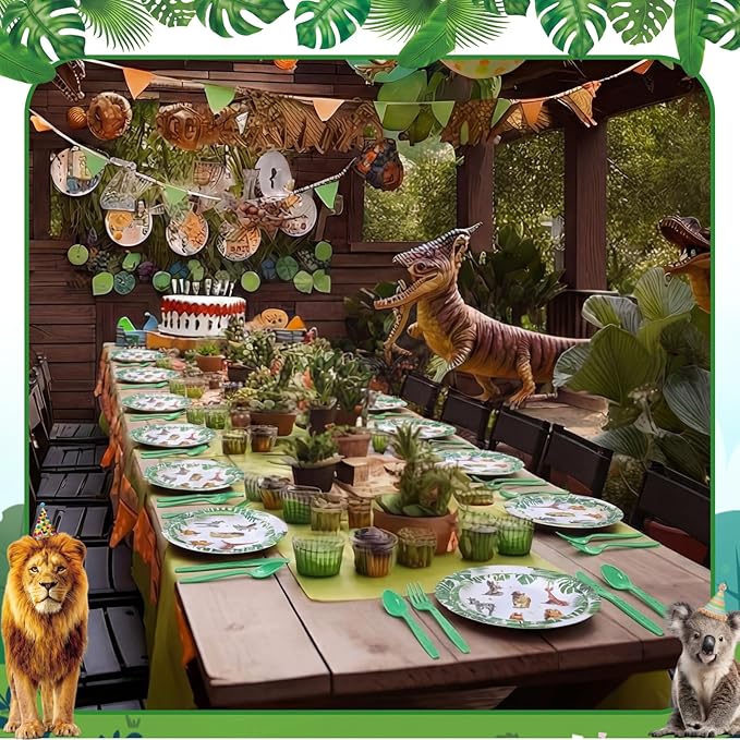 Funnymoom 400 Pcs Safari Happy Birthday Party Supplies for 50 Guests Jungle Animals Paper Plates and Napkins Knives Spoon Fork Cup Wild Animals Lion Tiger Dinner Sets for Zoo Birthday Party