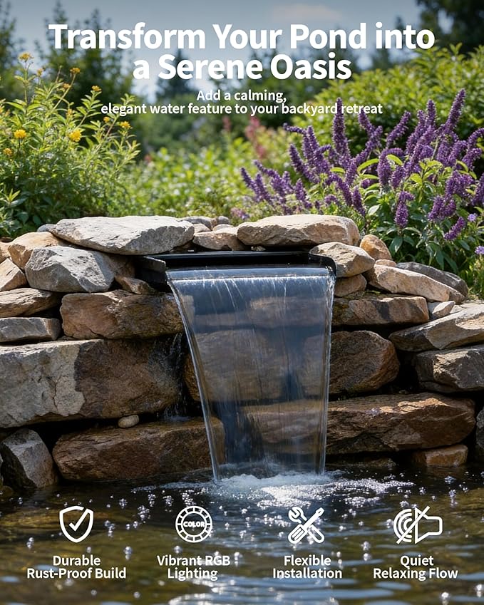POPOSOAP 8inch Pond Waterfall Spillway with RGB LED Lights & 660GPH Pond Pump- APP/Remote Control, 304 Stainless Steel Pond Spillway with 9.8FT Tubing for Garden Ponds Landscape Water Features-P42DY