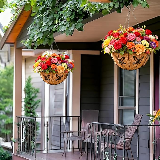 2 Pack 12 Inch Metal Outdoor Hanging Baskets Black Heavy Duty Hanging Planters with Coco Liners for Indoor Outdoor Plants Gardens Patios Terraces（Butterfly）