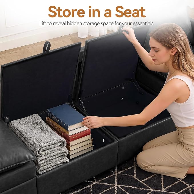 80" Storage Modular U-Shape Sofa Faux Leather with 2 Ottomans,Black