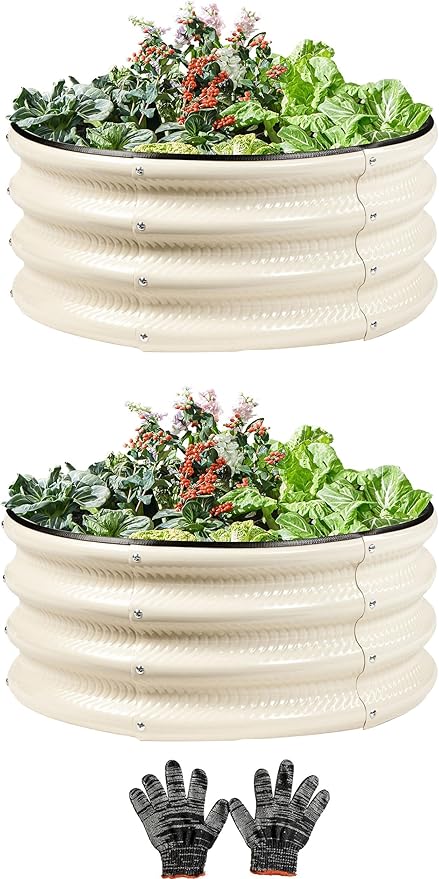 Gartist 2 Pcs 2x2X1 ft Metal Galvanized Round Raised Garden Bed Kit Outdoor, Cream White Planter Garden Bed, Raised Box for Vegetables, Fruits, Flowers & Herbs