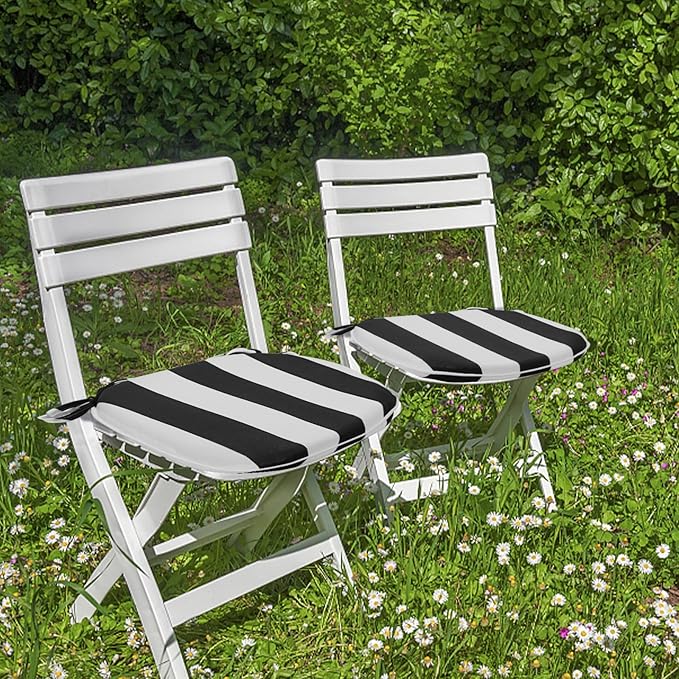 SleepMan Outdoor 17"x16" Chair Cushions with Ties Set of 2, Water Resistant All Weather U-Shape Seat Pads for Patio Garden Furniture Indoor Fade Resistant Patio Cushions (Black Stripe)