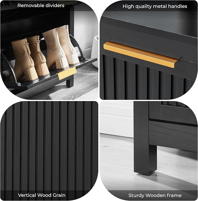 4-Flip Drawer Shoe Cabinet Narrow Entryway Rack, Black