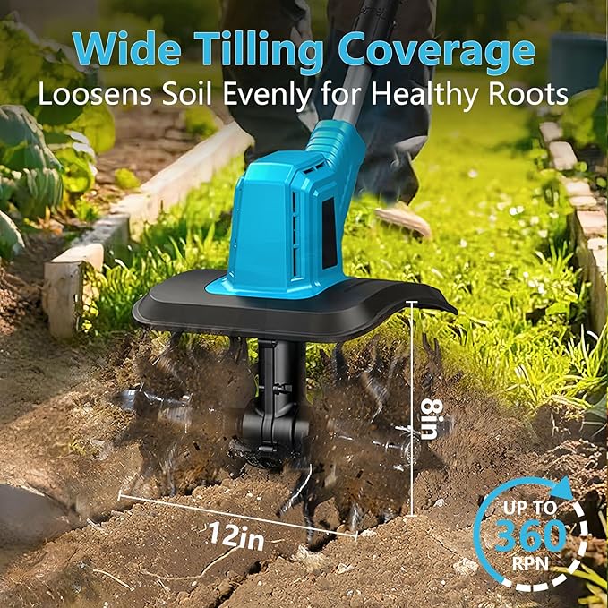 21V Cordless Tiller Cultivator, 300RPM Electric Garden Tiller, 2×4.0AH Batteries & Fast Charger Lightweight Rototiller 12" Width, 8" Depth for Lawn/Soil/Plowing/Weeding/Farm