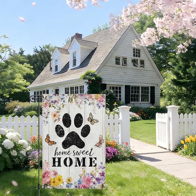 Heyfibro Spring Home Sweet Home Garden Flag 12x18 Inch Double Sided Floral Garden Flag Seasonal Small Paw Print House Flags for Outside Yard Farmhouse Spring Outdoor Decorations