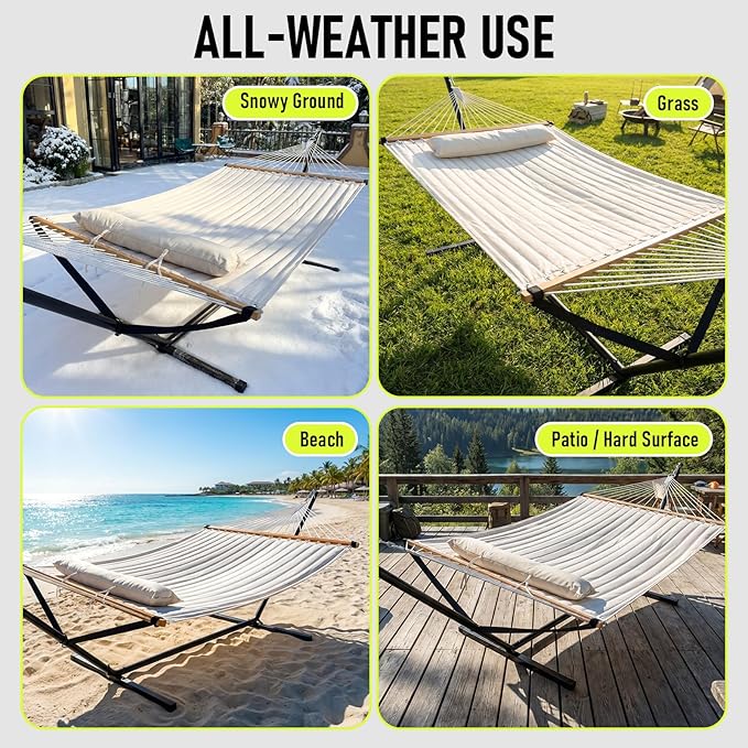 FULIYE Double Hammock with Stand for Outdoor，2 Person Heavy Duty Portable Hammock with Adjustable Steel Stand and Balance Ropes Included – for Patio, Backyard, Garden, Beach((Beige)