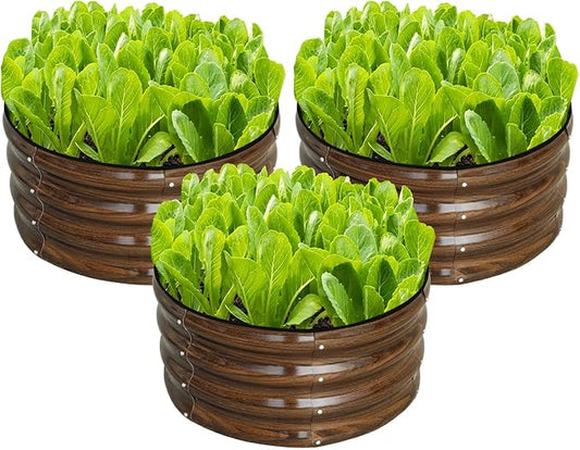 SnugNiture 3 Pcs 2x2x1ft Round Galvanized Raised Garden Bed Kit Outdoor, Metal Planter Box for Planting Plants Vegetables, Brown