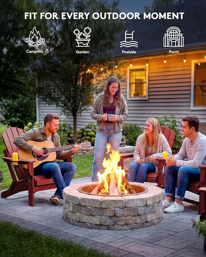 SERWALL Folding Adirondack Chair Outdoor Adirondack Chairs with Cup Holder Weather Resistant Fire Pit Chairs for Patio - Red