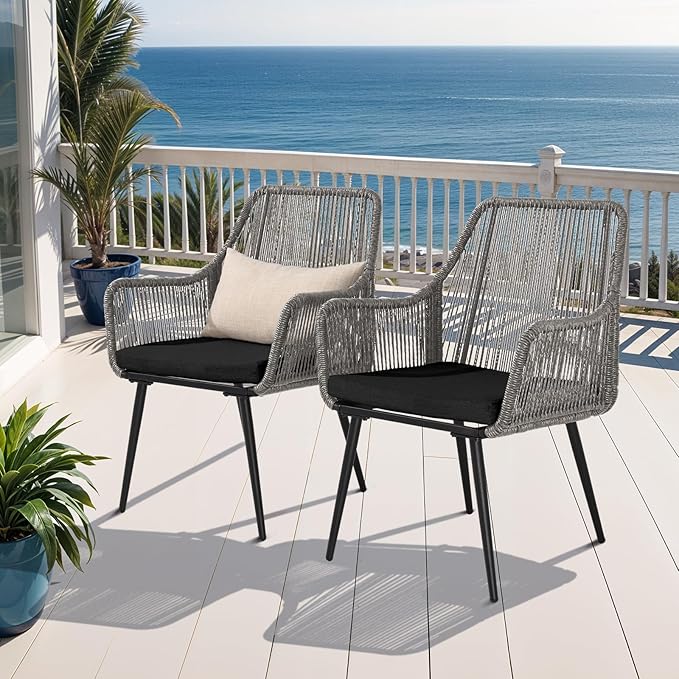 Patio Dining Chairs, Outdoor Dining Chairs with Armrest and Cushion Set of 6, Woven Twisted Wicker Rattan Chair, Modern Indoor Outdoor Seating for Garden, Lawn, Backyard, Grey