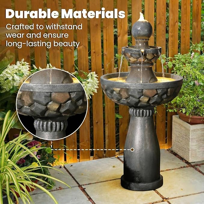 Sunlinua 46.5H 3-Tier Outdoor Water Fountain with LED Lights Italian Resin Garden Fountain for Patio Garden Weather-Resistant Cascading Waterfall Feature with Quiet Pump Elegant Décor Black Gray