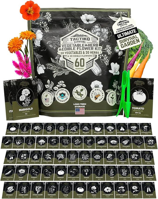 Tactiko Survival 60 Medicinal & Survival Seed Kit – Heirloom Non-GMO USA Grown Seeds for Vegetables, Herbs & Edible Flowers – Emergency Food Supply Vault - Mylar Storage - Tools - Planting Guide