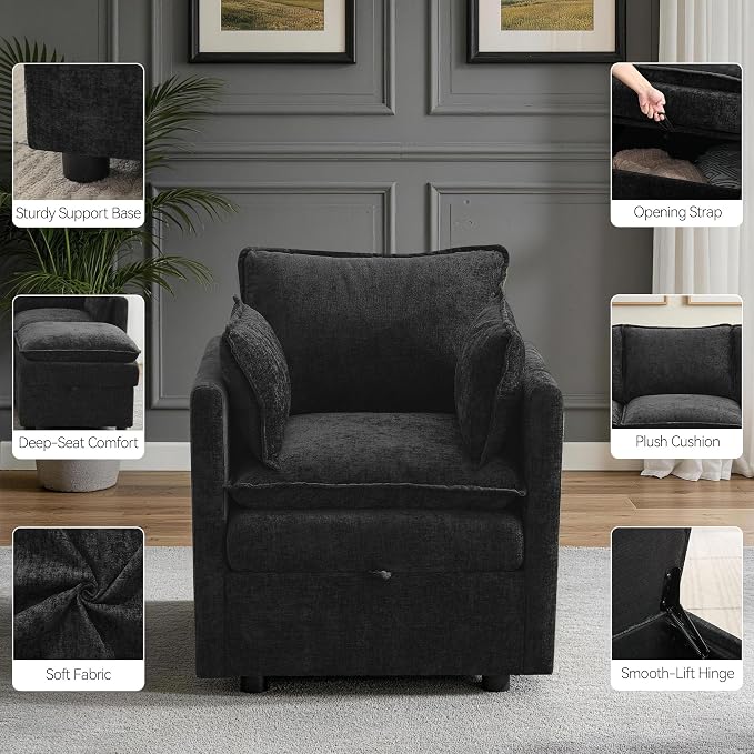 30" Modular Storage Single Sofa, Deep Seat Cloud Accent Chair, Oversized Storage Cloud Chair, Modern Chenille Reading Chair for Living Room, Apartment, Bedroom, Small Space, Black