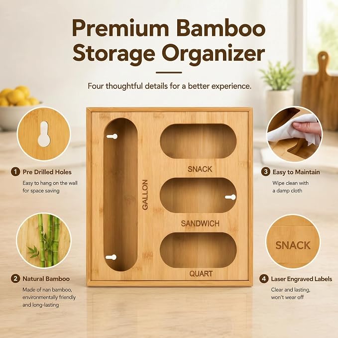 4 in 1 Bamboo Bag Storage Organizer for Sandwich, Snack, Quart,Gallon Bags