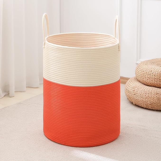 Woven Laundry Hamper Tall Rope Storage Basket for Blanket oys Dirty Clothes in Living Room Bathroom Bedroom (White&Orange, 60L/15.8Gal)