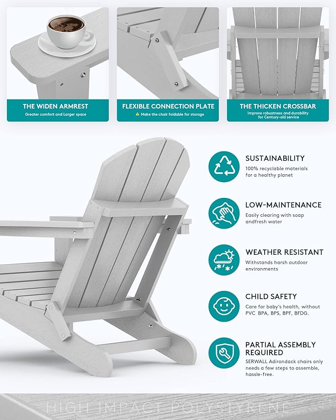 SERWALL Foldable Adirondack Chair Set of 2, Weather Resistant for Patio Chairs with Cup Holder Patio Garden Outdoors Fire Pit-Space Grey