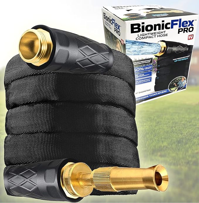 Bionic Flex PRO 25’ Garden Hose, Heavy Duty & Lightweight Weatherproof Garden Water Hose with Brass Fittings & Adjustable Brass Spraying & Shooting Nozzle, 500 PSI Tear Resistant, Kink Free Hose