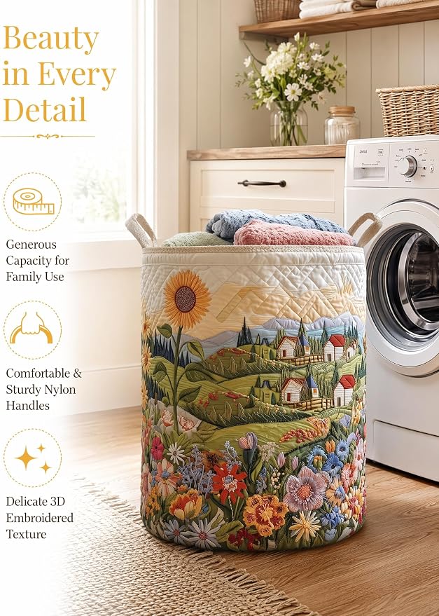 Quilted Laundry Basket with Handles, Boho Floral Quilted Storage Hamper, Large Capacity Laundry Hamper for Nursery Bedroom Laundry Room Home Decor (Pattern 09, Small (18"H x 14"W x 14"L))
