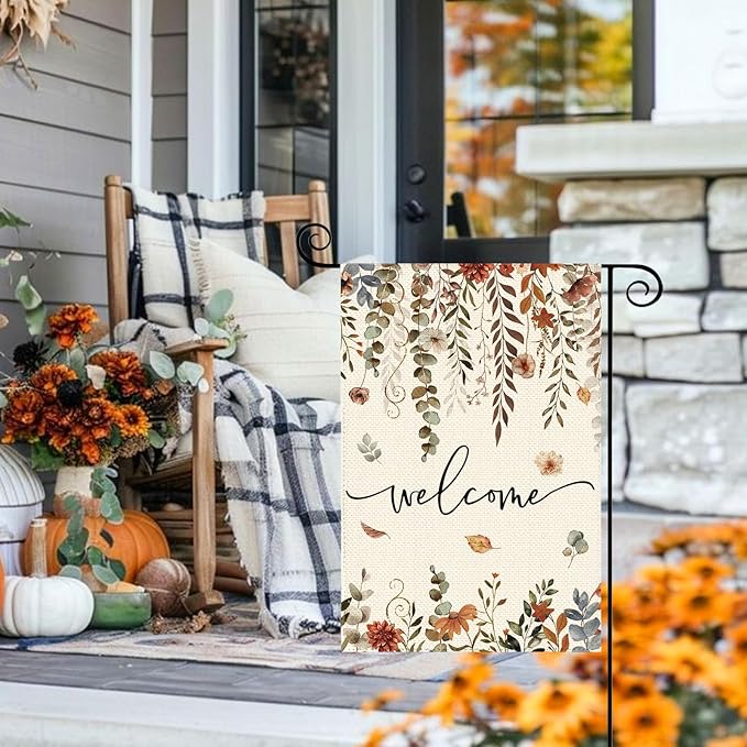 Fall Thanksgiving Harvest Eucalyptus Floral Welcome Garden Flag 12 x 18 Inch Double Sided, Autumn Flower Burlap Small Yard Flag Farmhouse Seasonal Holiday Patio Outdoor Outside Decoration