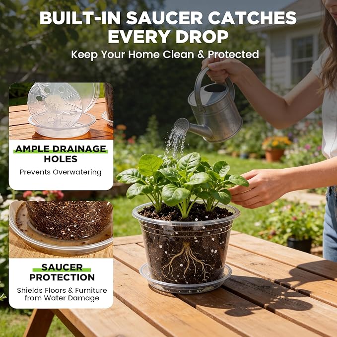 Clear Nursery Pots with Saucers 24 Pack, 4/5/6/7 Inch Plastic Plant Pots, for Indoor Outdoor Succulents Orchids Seedlings, Flower Containers with Drainage Holes and Tray, Small Garden Planters