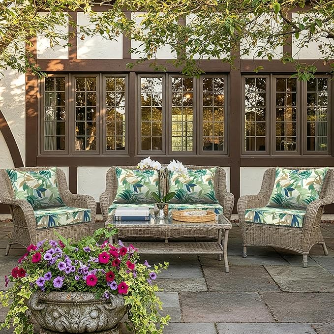 LVTXIII Outdoor Deep Seat Cushion Patio Seat and Back Cushion Set Seasonal Chair Cushion with Removable Cover and Adjustable Buckle for Home and Garden, 22"x22"x4", Lush Leaf Green