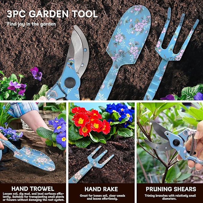 Garden Tool Set, 3 Piece Floral Gardening Tools for Women, Aluminum Gardening Hand Tools with Trowel, Hand Rake & Pruning Shears, Ergonomic Garden Tools for Indoor Outdoor Gardening