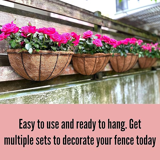 LaLaGreen 16 Inch Large Wall Planter, 2 Pack Rail Hanging Pot with Coco Liner, Black Metal Wall Mounted Flower Basket Box Outdoor Outside Fence Railing Plant Holder Deck Porch Patio Balcony Garden