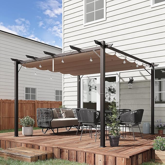 Outsunny 10' x 10' Aluminum Patio Pergola with Retractable Pergola Canopy, Backyard Shade Shelter for Porch, Outdoor Party, Garden, Grill Gazebo, Brown