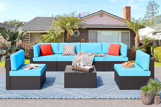 Vongrasig 7 Pieces Outdoor Patio Furniture Sets, Outdoor Sectional Rattan Sofa, PE Manual Weaving Wicker Patio Conversation Set with Cushion, Glass Table, Red Pillow (Blue)