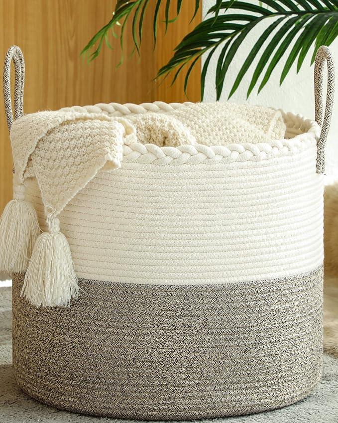 KAKAMAY Large Blanket Basket (18"x18"x16"),Woven Baby Laundry Hamper for Storage, Cotton Rope Blankets Baskets for Nursery, Laundry, Living Room, Pillows, Baby Toy chest with Handles (White/Beige)
