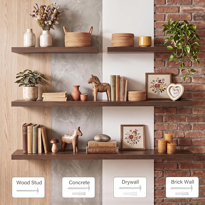 Acovy 48x8in Floating Shelves 2 Pack, Wall Mount Display Shelf, Walnut | Invisible Brackets, 35lb Sturdy MDF, 48in Long, Easy Install, For Bedroom, Bathroom, Living Room, Kitchen & Office