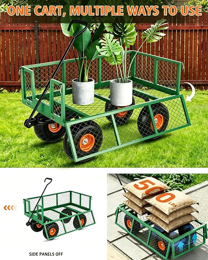 Garvee Steel Garden Cart, 500 LBS Capacity Utility Outdoor Wagon, Heavy Duty Mesh Garden Metal Wagon with Removable Sides, Flexible Handle for Yard, Lawn, Garden