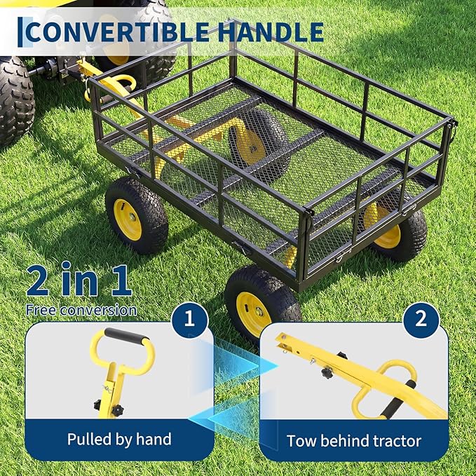  Heavy Duty Steel Garden Cart, 1200 LBS Load Capacity Garden Wagon with 10 inch Tire and 180° Rotating Handle Attach to ATV or Tractor Blac