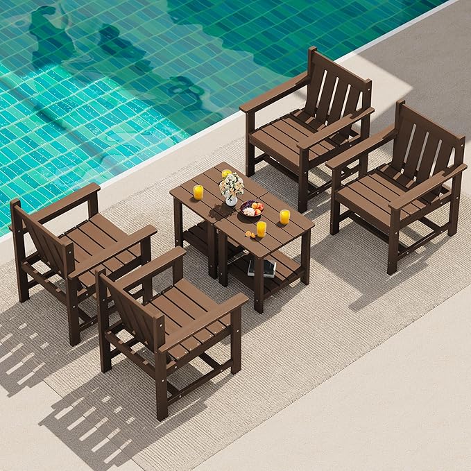 SEWRWALL Patio Furniture Set, HDPE Material All Weather Use Adirondack Chair Set with Side Table for Balcony, Porch, Garden, Backyard- Brown