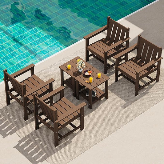 SEWRWALL Patio Furniture Set, HDPE Material All Weather Use Adirondack Chair Set with Side Table for Balcony, Porch, Garden, Backyard- Brown