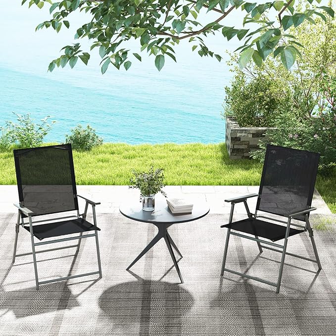 Tangkula Set of 2 Patio Folding Chairs, High Back Dining Chairs with Weather-Resistant Fabric, No Assembly, Outdoor Portable Metal Lawn Chairs with Armrests & Footrest for Garden