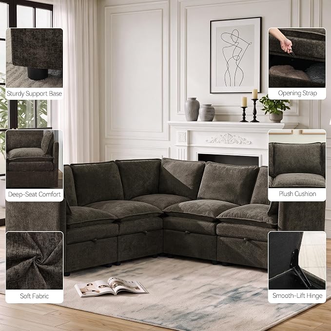 80" Storage Modular Sectional Sofa, Cloud Couch for Living Room,Brown