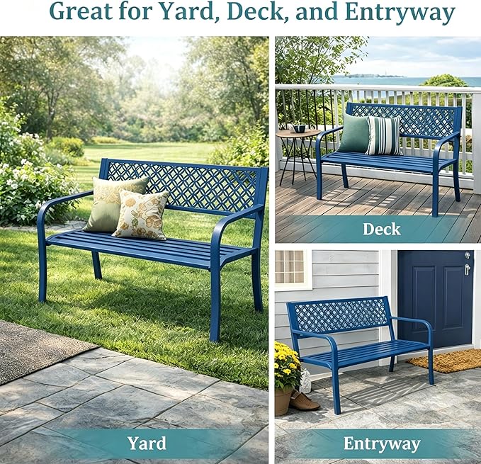 Garvee Outdoor Metal Garden Bench for 2 Person, Heavy Duty Steel Patio Bench 790 Lbs Capacity, Weather Resistant Black Porch Seating with Geometric Backrest, Outdoor Furniture for Yard, Deck, Entryway