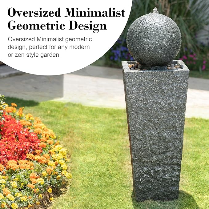 Glitzhome Outdoor Water Fountain, Outdoor Fountain with Pebbles, Pump and LED Light, 40.25" H Modern Geometric Pedestal and Sphere Polyresin Waterfall Fountain for Patio, Backyard, Garden, Deck Decor