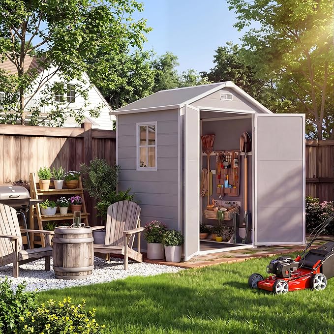Outdoor Storage Shed with Floor, Plastic Resin Garden Shed with Window & Sloping Roof & Lockable Door for Patio Backyard Garden, Lawn Mower, Bike, Tool Storage (Light Gray, 6' X 4')