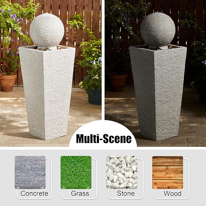 Glitzhome Outdoor Water Fountain, 40.25" H Modern Geometric Pedestal and Sphere Waterfall Fountain, Outdoor Fountain with Pebbles, Pump and LED Light, Garden Fountain for Patio, Backyard, Porch Decor
