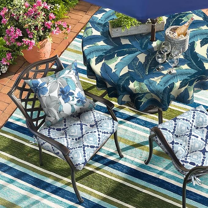 DYTXIII Set of 2 Outdoor Chair Cushions 19"x19"x4", Water Repellent Tufted Patio Seat Cushions with Ties, Thick Replacement Pads for Wicker Dining Chairs, Patio Furniture, Boho Geometry Blue