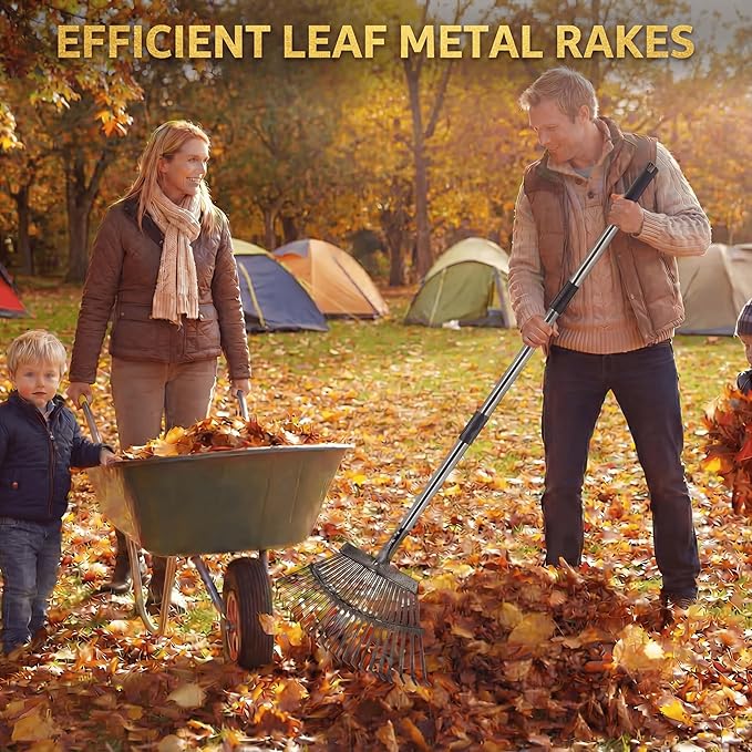 Leaf Rake for Yard & Garden - 20" Wide Metal Rake with 25 Steel Teeth, 40-68" Adjustable Handle - Heavy Duty Rust-Proof Steel Rake for Leaves, Grass & Debris Cleanup