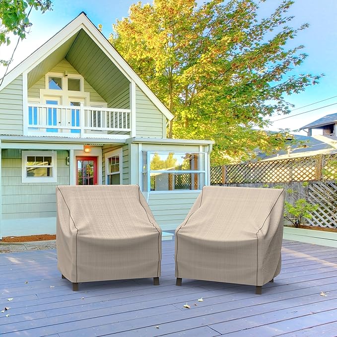 Budge English Garden Patio Chair Cover 2-Pack, Waterproof & UV-Resistant Outdoor Furniture Cover, Fits Large Patio Chairs up to 36" W x 41" D x 34" H, Tan Tweed