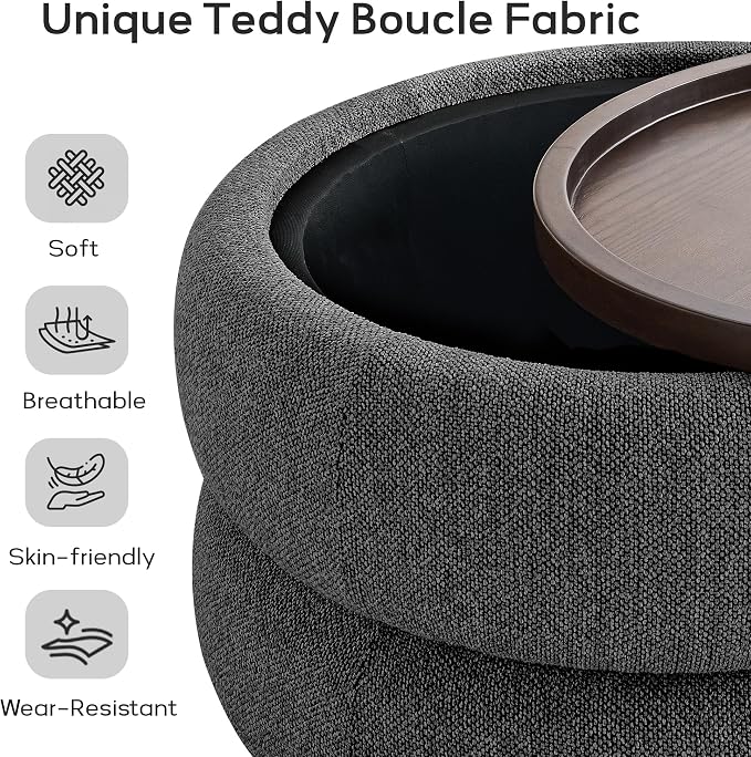 29.5" Round Storage Ottoman, Ottoman Coffee Table with Removable Wood Top | Upholstered Modern Boucle Ottoman with Storage for Living Room, Bedroom, Apartment, DarkGrey