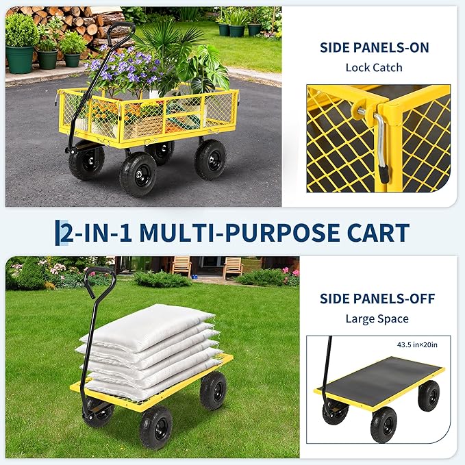 900 Lbs Heavy Duty Steel Garden Cart, Garden Wagon Cart on Wheels, Outdoor Metal Yard Utility Wagon Carts with and Mesh Removable Sides and 180°Rotating Handle,Yellow