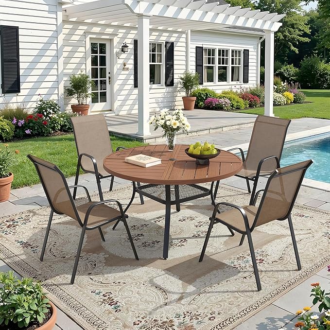 DIFY Patio Chairs Set of 4, Stackable Outdoor Dining Chairs Set with Breathable Textilene High Back and All-Weather Metal Frame for Garden, Backyard, Deck, Brwon