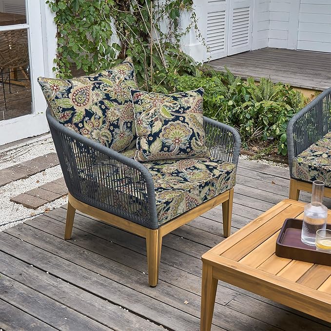 LVTXIII Outdoor/Indoor Deep Seat Cushion Patio Seat and Back Cushion Set All-Weather Replacement Chair Cushion for Wicker Chairs and Garden Furniture Decoration, 24"x24"x4", Paisley Sapphire Blue