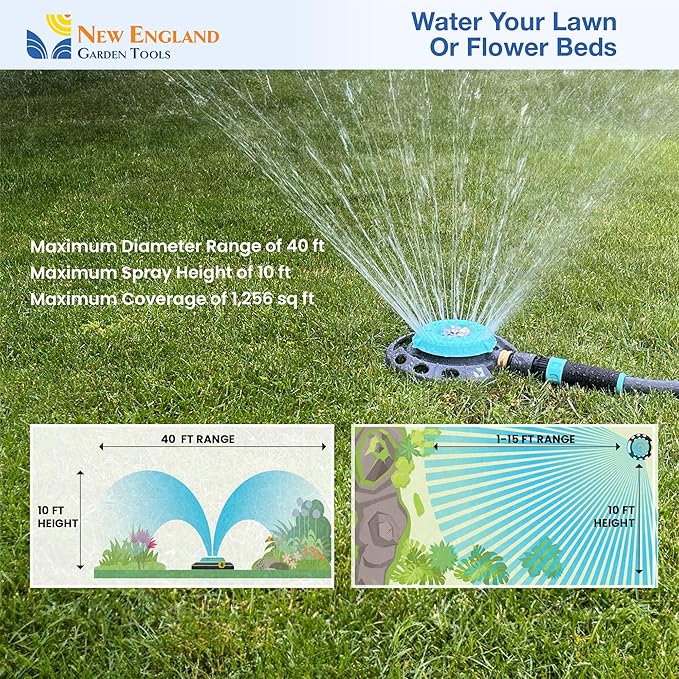 Multi-Pattern Spot Sprinkler 400001 - Adjustable 9 Spray Patterns, Heavy-Duty Metal Base, Decorative Turret Design, Versatile Lawn & Garden Watering, Durable Build by New England Garden Tools